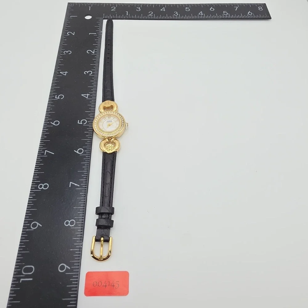 Vtg ANNE KLEIN II Ladie's Watch Women's Crystal Studded Gold Plate Leather 7.25